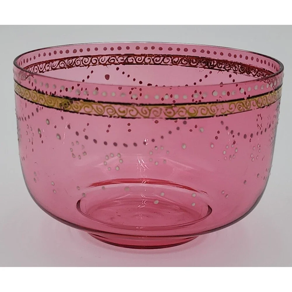 Vintage Cranberry & Gold Art Glass Bowl with Raised Enamel Floral Decorations